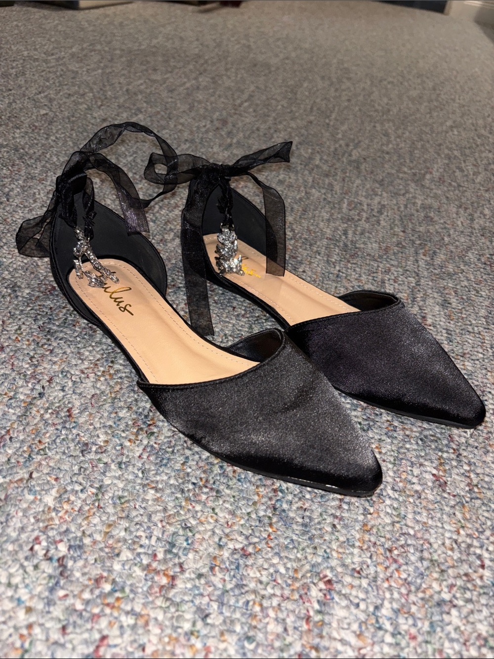 Lulu's Black Satin Pointed Toe Ankle Tie Flats with Crystal Accent